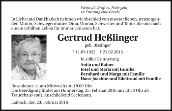 Traueranzeige von Gertrud Heßlinger 