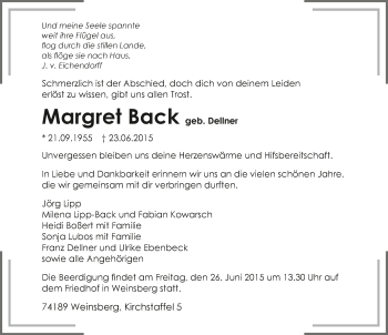 Traueranzeige von Margret Back 