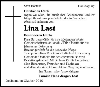 Traueranzeige von Lina Last 