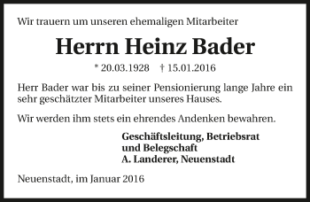 Traueranzeige von Heinz Bader 