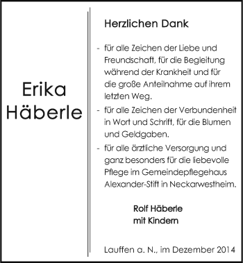 Traueranzeige von Erika Häberle 