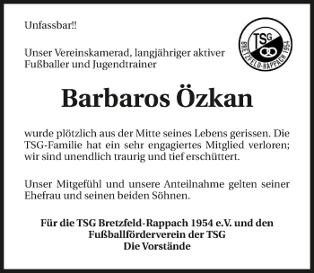 Traueranzeige von Barbaros Özkan 