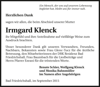 Traueranzeige von Irmgard Klenck 