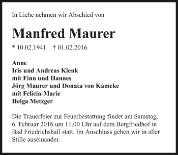 Traueranzeige von Manfred Maurer 