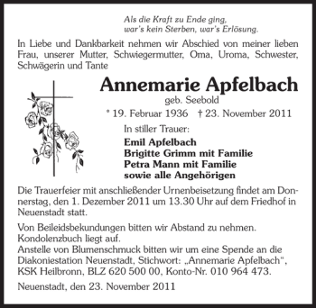 Traueranzeige von Anemarie Apfelbach 