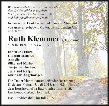 Traueranzeige von Ruth Klemmer 