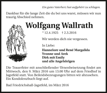 Traueranzeige von Wolfgang Wallrath 