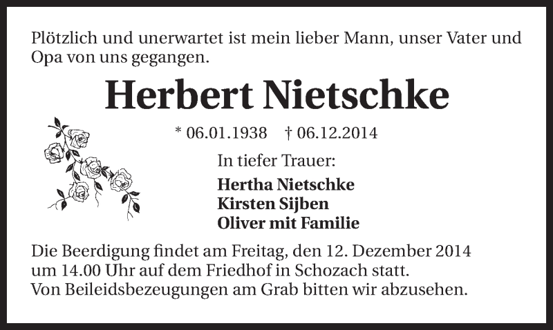  Traueranzeige für Herbert Nietschke vom 10.12.2014 aus 