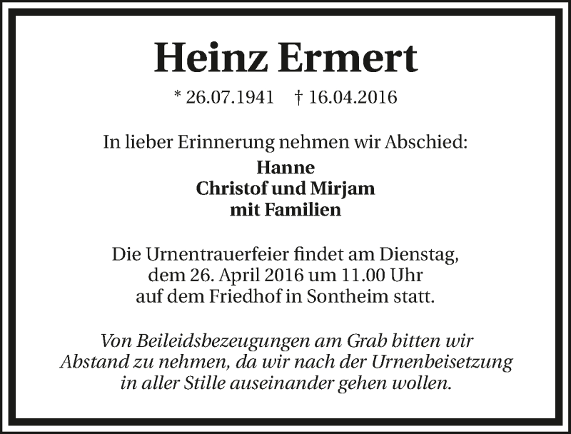  Traueranzeige für Heinz Ermert vom 22.04.2016 aus 