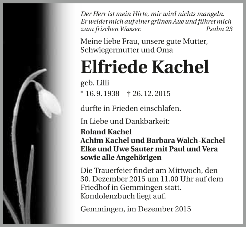  Traueranzeige für Elfriede Kachel vom 29.12.2015 aus 