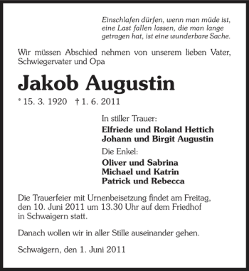 Traueranzeige von Jakob Augustin 