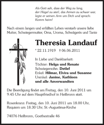 Traueranzeige von Theresia Landauf 