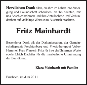Traueranzeige von Fritz Mainhardt 