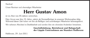 Traueranzeige von Gustav Amon 