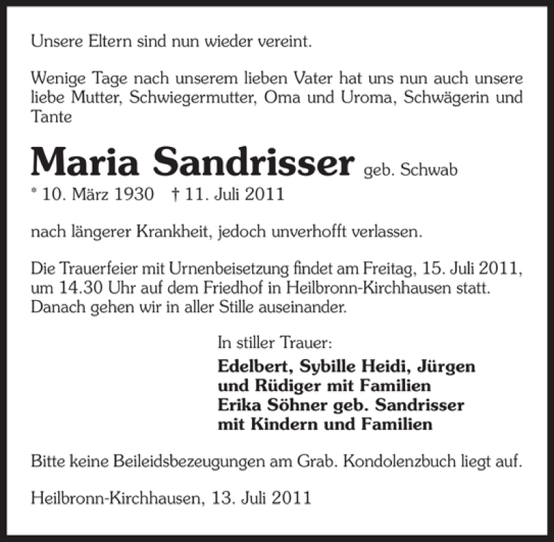  Traueranzeige für Maria Sandrisser vom 13.07.2011 aus 