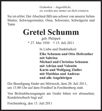 Traueranzeige von Gretel Schumm 