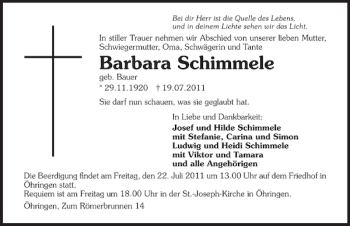 Traueranzeige von Barbara Schimmele 