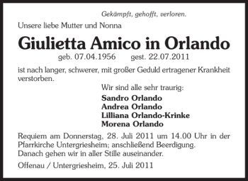 Traueranzeige von Giuletta Amico in Orlando 