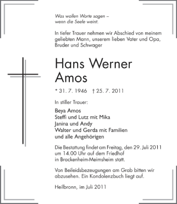 Traueranzeige von Hans Werner Amos 