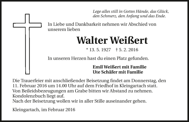  Traueranzeige für Walter Weißert vom 09.02.2016 aus 
