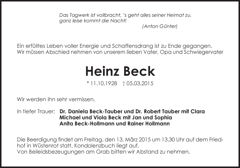  Traueranzeige für Heinz Beck vom 09.03.2015 aus 