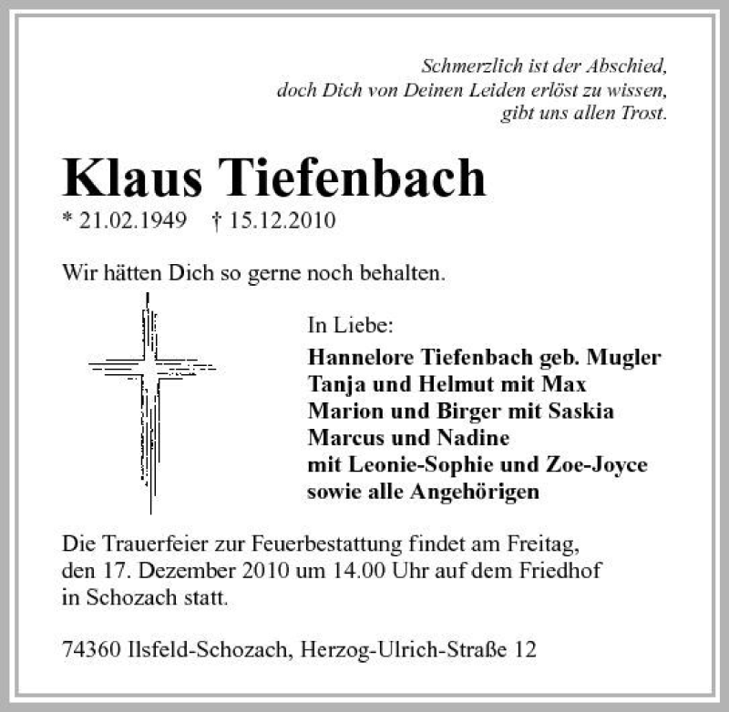  Traueranzeige für Klaus Tiefenbach vom 16.12.2010 aus 