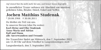 Traueranzeige von Jochen Matthias Studenak 