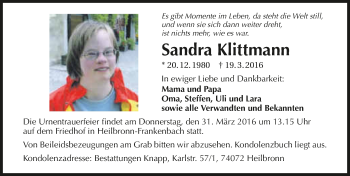 Traueranzeige von Sandra Klittmann 