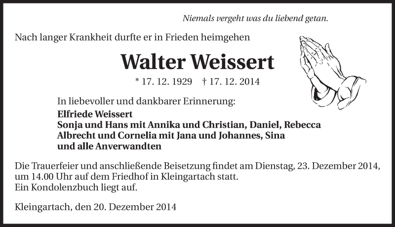  Traueranzeige für Walter Weissert vom 20.12.2014 aus 