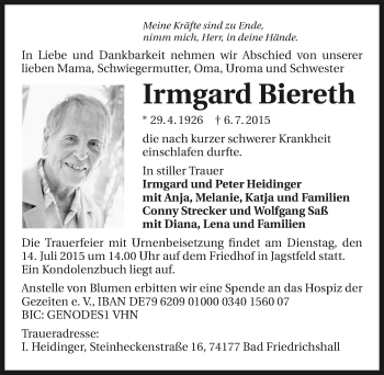 Traueranzeige von Irmgard Biereth 