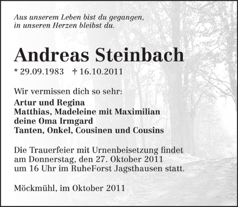  Traueranzeige für Andreas Steinbach vom 22.10.2011 aus 