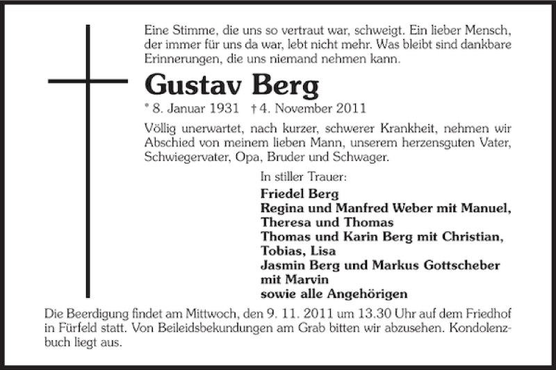  Traueranzeige für Gustav Berg vom 08.11.2011 aus 