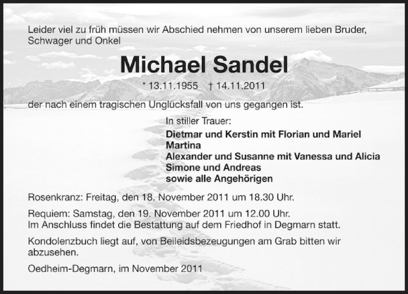  Traueranzeige für Michael Sandel vom 16.11.2011 aus 