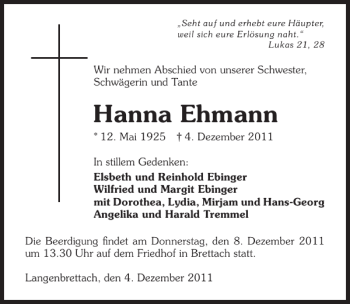 Traueranzeige von Hanna Ehmann 