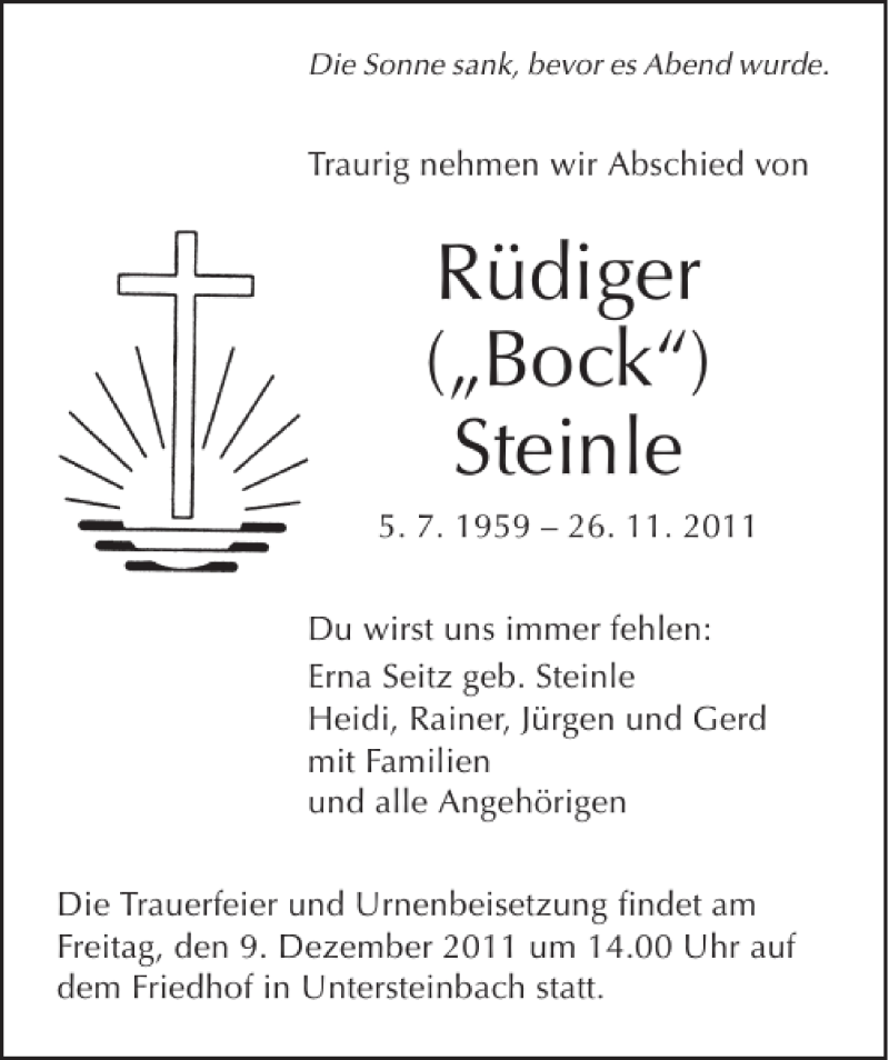  Traueranzeige für Rüdiger Bock Steinle vom 07.12.2011 aus 