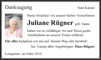 Traueranzeige von Juliane Rügner 