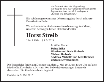Traueranzeige von Horst Streib 