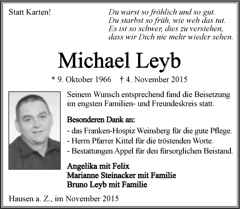  Traueranzeige für Michael Leyb vom 14.11.2015 aus 