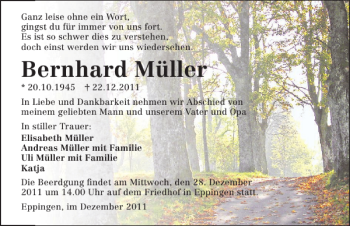 Traueranzeige von Bernhard Müller 