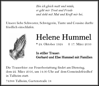 Traueranzeige von Helene Hummel 