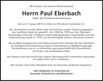 Traueranzeige von Paul Eberbach 