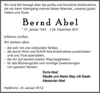 Traueranzeige von Bernhard Abel 