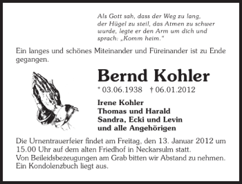 Traueranzeige von Bernd Kohler 