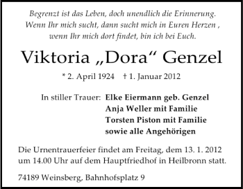 Traueranzeige von Viktoria??Dora??Genzel Viktoria??Dora??Genzel 