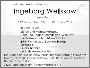 Traueranzeige von Ingeborg Wellssoow 