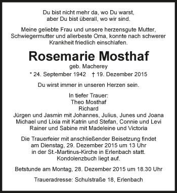 Traueranzeige von Rosemarie Mosthaf 