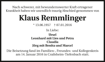 Traueranzeige von Klaus Remmlinger 