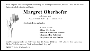 Traueranzeige von Margret Oberhofer 