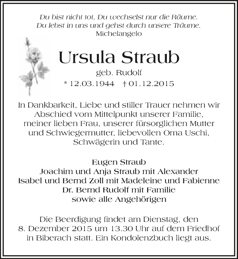  Traueranzeige für Ursula Straub vom 05.12.2015 aus 
