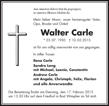 Traueranzeige von Walter Carle 